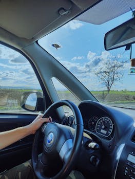 车内景色优美，展现了蓝天和开阔的道路