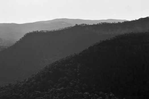 A stunning black and white landscape of the rolling hills in Medlow Bath, NSW, Australia.
