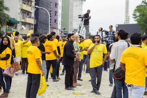Free A large group of people gathered in yellow shirts for a daytime protest in an urban street. Stock Photo