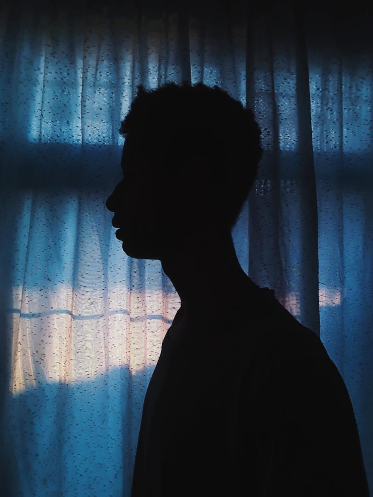 Side View Silhouette Photo Of Man Standing Near Curtain Window