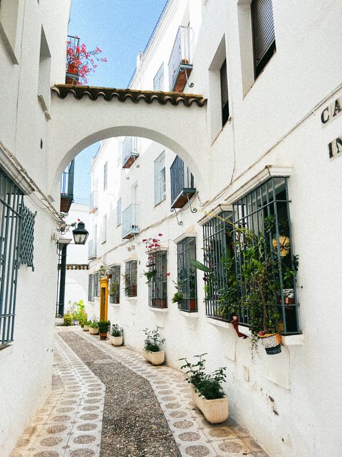 Free Picturesque narrow street with white buildings and arched walkway, adorned with potted plants. Stock Photo