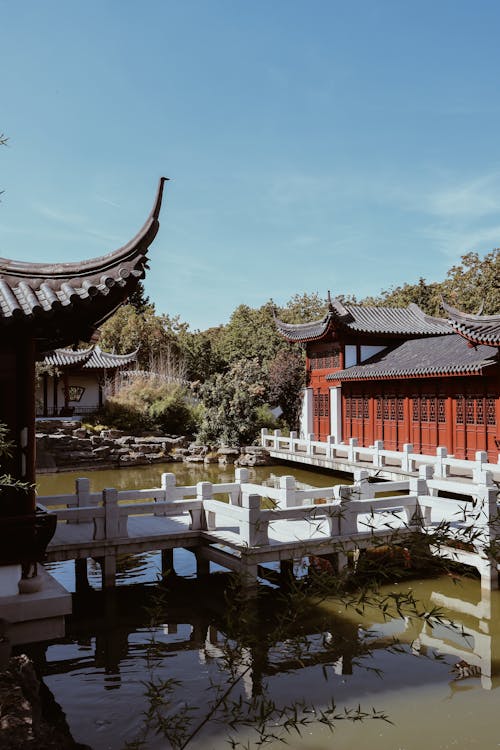A chinese garden with a bridge and water