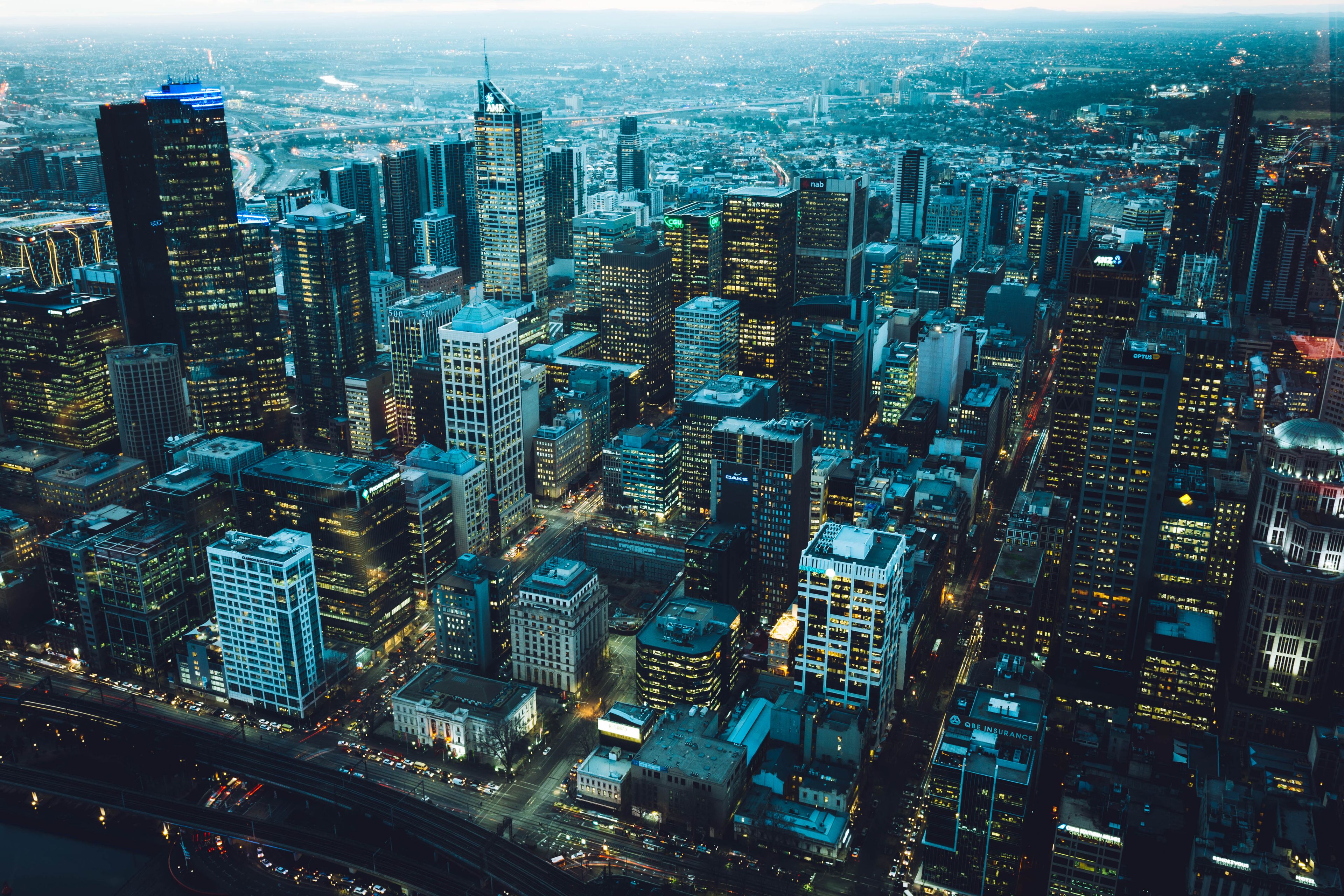 A city grid burning late, from above