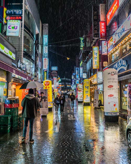 Personne Portant Une Veste Noire Tenant Un Parapluie Noir Marchant Dans La Rue