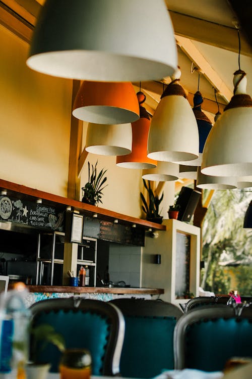 A restaurant with hanging lamps and tables