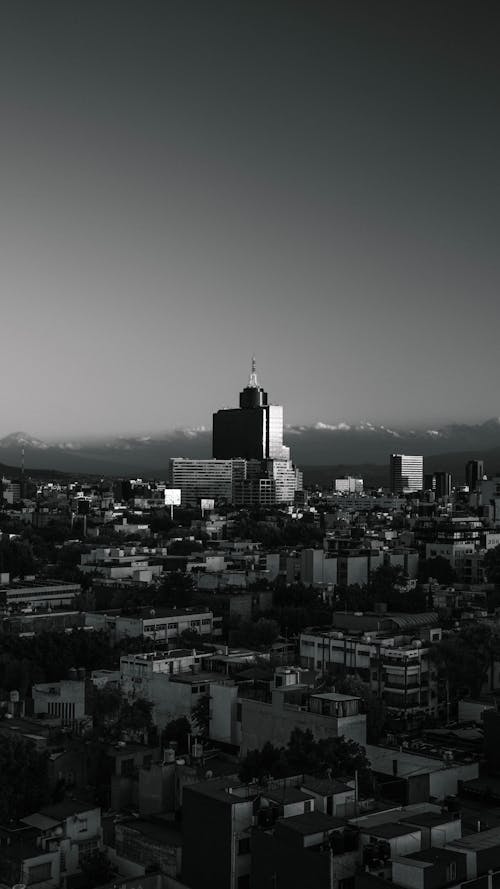 Black and white photo of a city with a tall building