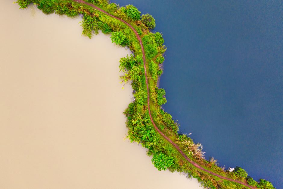 Aerial view of contrasting water bodies separated by lush green path in Banten, Indonesia.