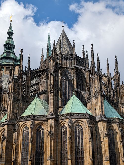 Free St. Vitus Cathedral in Prague, showcasing Gothic architecture and intricate facade. Stock Photo