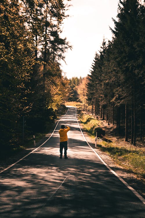 A person walking down a road in the woods