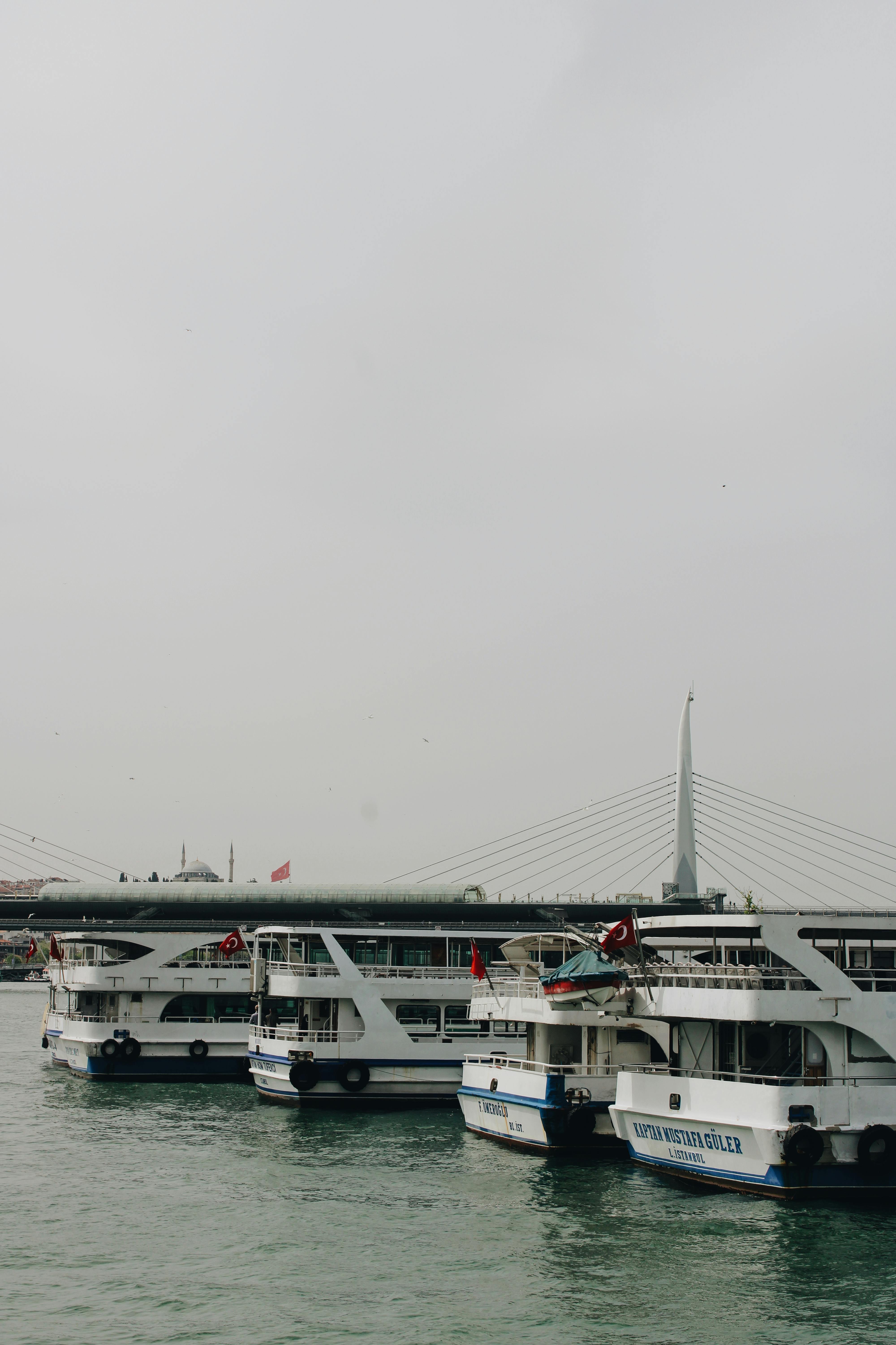 Ferries moored at the pier with the Golden Horn Bridge in the background, Istanbul skyline visible.