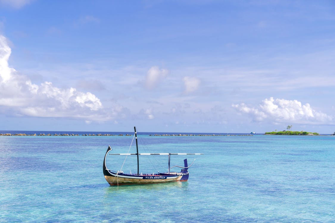 The image is of a White sandy beach with palm trees, set against a blue sky. It was taken in the Maldives Islands and showcases a typical tropical beach scene.