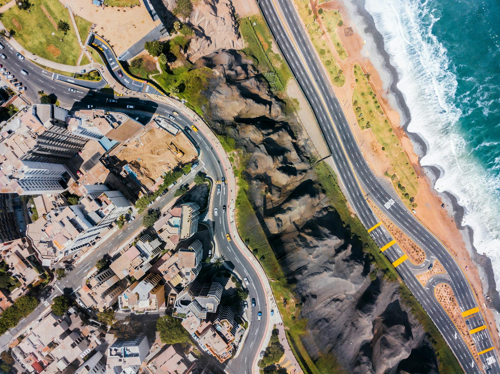 Aerial view of a road and ocean