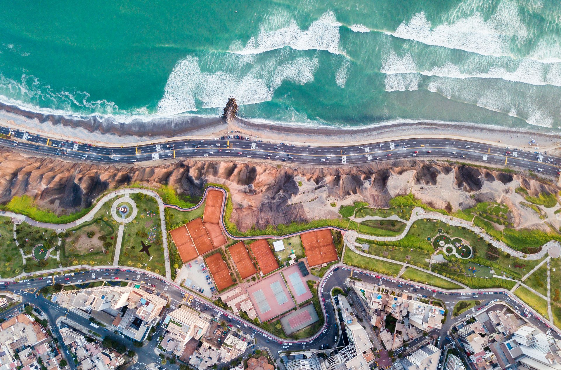 Aerial View of Tennis Courts and Park in Miraflores Peru