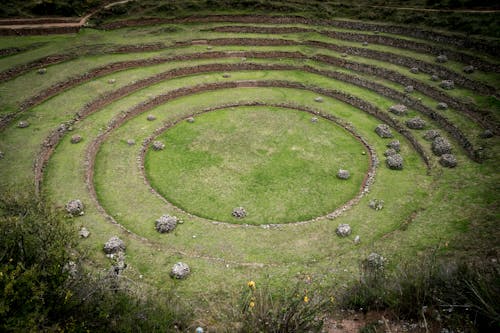Free The circular stone terraces of the inca ruins Stock Photo