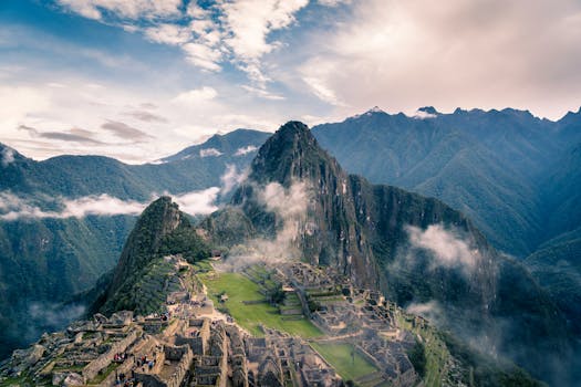 Stunning aerial view of Machu Picchu, capturing the ancient Inca citadel amidst Peruvian mountains.