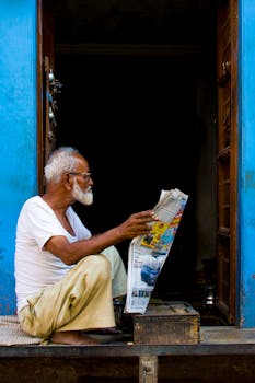 Senior man in white shirt reading a newspaper in a vibrant blue doorway in Bikaner, India.