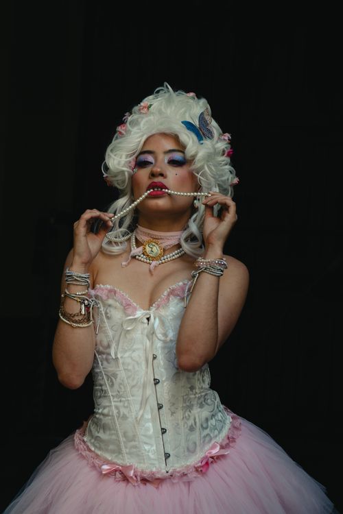 Free A young woman in a vintage corset and wig poses elegantly against a dark background. Stock Photo