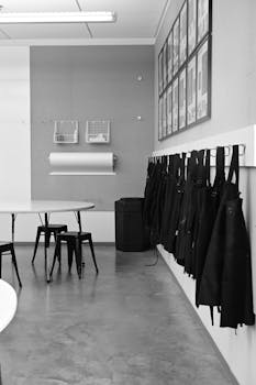 A stylish indoor space featuring aprons hanging on hooks, modern furniture, and wall decor.