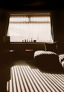 客厅温馨迷人，配有现代家具，窗户的灯光图案富有戏剧性