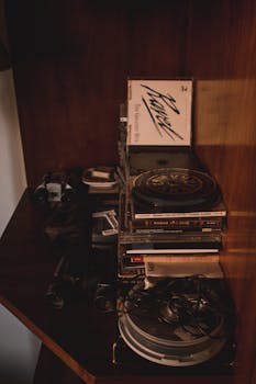 架子的怀旧角落摆满了复古录音带和设备，捕捉着复古气息