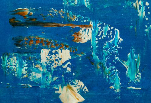 Free Vivid abstract painting featuring dynamic blue and orange brush strokes on canvas. Stock Photo