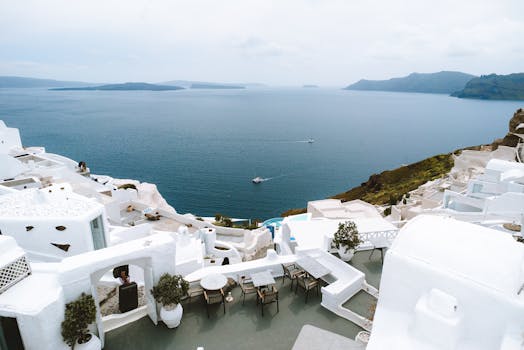 希腊圣托里尼岛的白色建筑与蔚蓝大海，景色令人惊叹