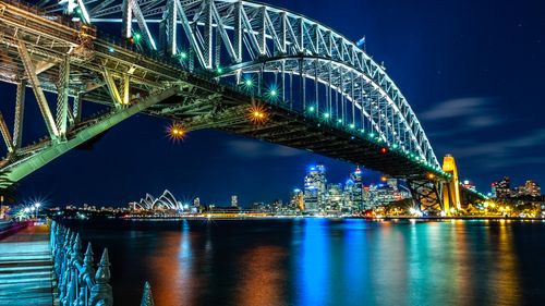 Free Illuminated Sydney Harbour Bridge at night with city skyline reflections. Stock Photo