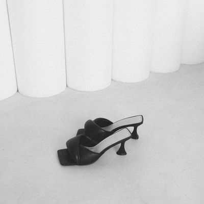 Black Square-Toe Heeled Mule Sandals