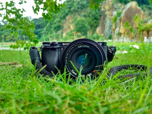 免费 黑色的索尼单反相机在棕色和绿色的山前的绿色草地上 素材图片