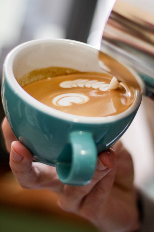 Free Captivating close-up of latte art featuring intricate designs being poured into a turquoise mug by a barista. Stock Photo