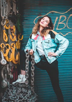 Woman in denim jacket posing with chains in a street photoshoot.