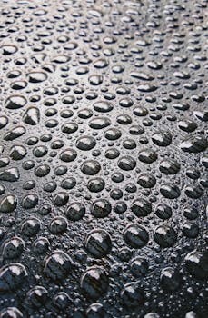 Close-up view of raindrops on a dark textured surface, showcasing natural beauty and texture.