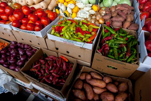 A vibrant display of fresh vegetables and produce at a Raleigh, NC market