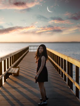 日落时分，一位身穿黑色连衣裙的女子，在一轮新月下，走在海边的木板路上