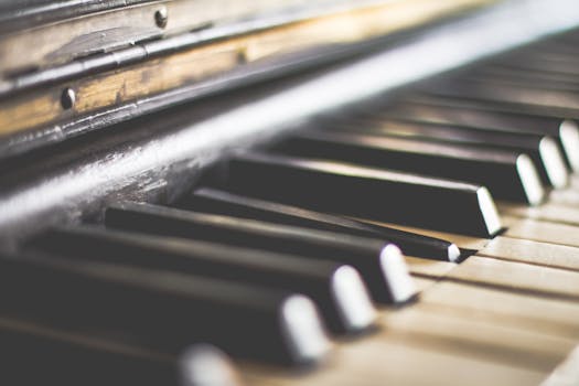 Close-up photograph of piano keys, highlighting texture and subtle lighting details.