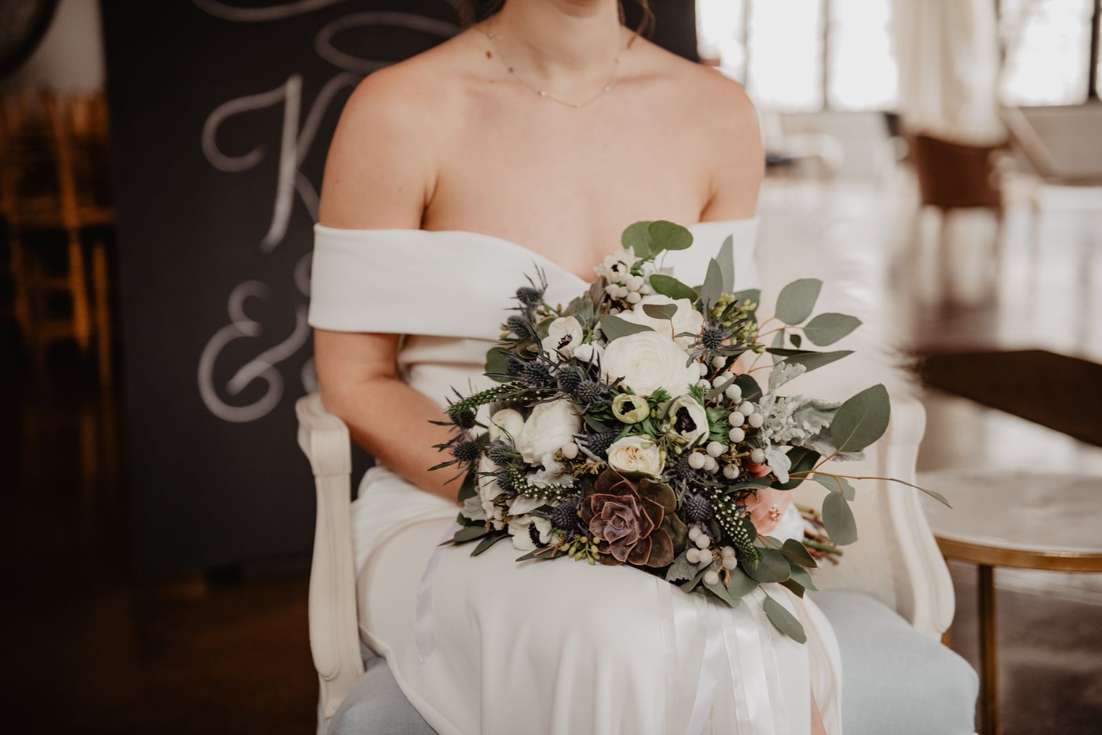 White flowers and greenery gathered into a bridal bouquet
