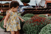 阳光明媚的日子里，一个穿着花卉连衣裙的可爱小女孩，在五彩缤纷的花朵环绕下，探索着充满活力的花园