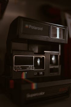 复古宝丽来相机的特写，详细展示了其复古设计与标志性功能