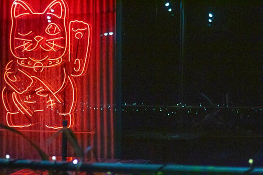 夜间，一只幸运猫的霓虹灯标志发出明亮的红光