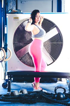 Fitness woman posing in a gym with equipment, showcasing strength and confidence.