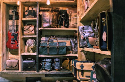 Free stock photo of acoustic guitar, bags, leather bag