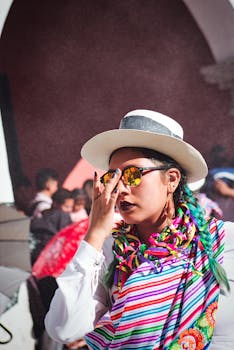 A woman in traditional Peruvian attire posing confidently in Trujillo's vibrant setting.