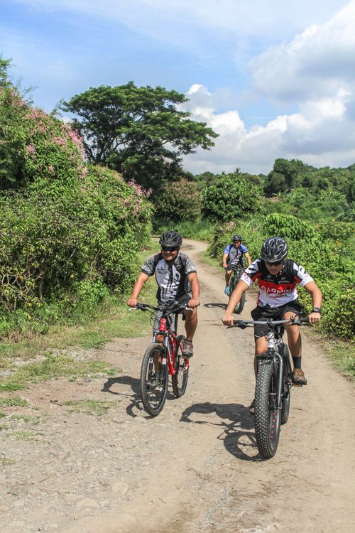 Free Group of cyclists biking through a dirt trail in lush Batangas, Philippines. Stock Photo