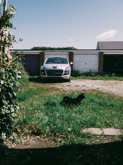 Free A black cat resting in front of a rural garage with a parked Peugeot car under a clear sky. Stock Photo