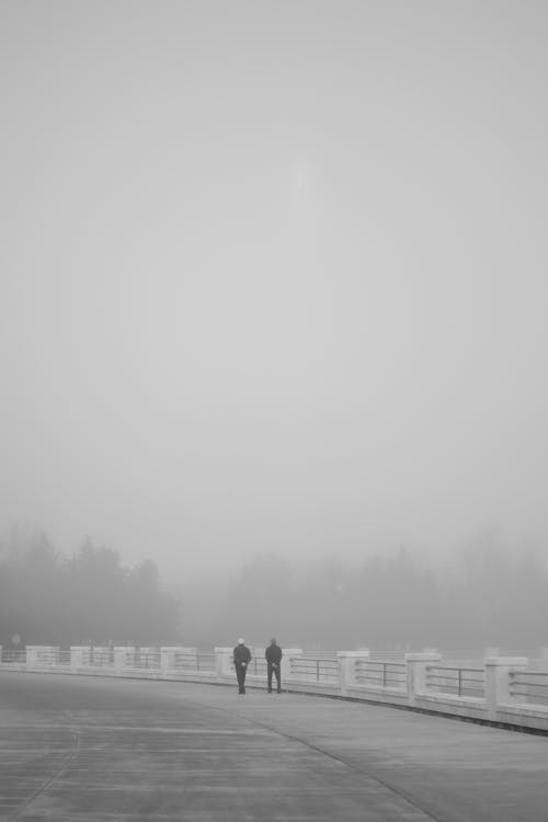 Two people walking on a bridge in the fog