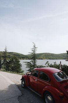 A classic red car parked near a serene lake surrounded by verdant trees under a clear sky.
