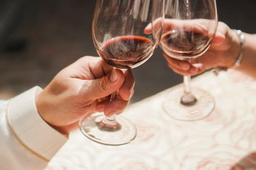 Two people toasting with wine glasses