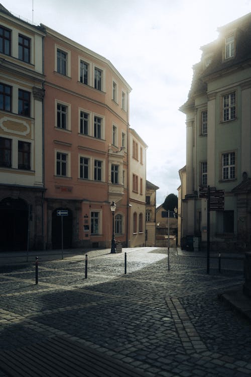 A street with buildings and cobblestone