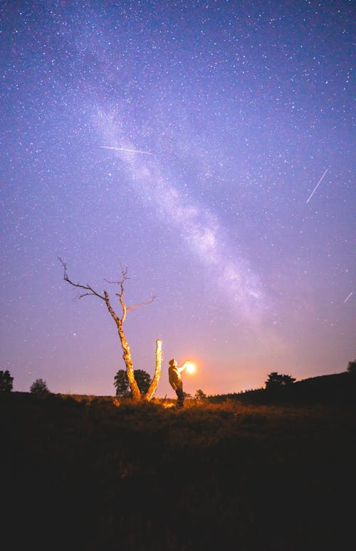 Man with a Fire on a Field at Night 