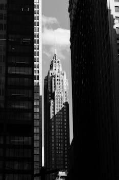 Black and white photo highlighting a New York City skyscraper framed by surrounding buildings.